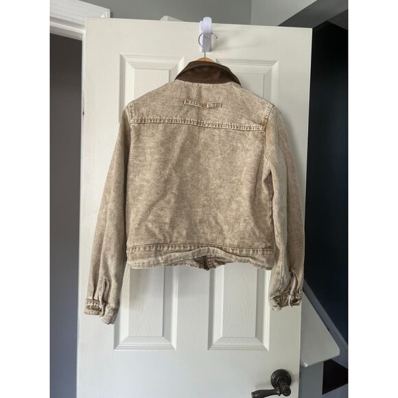 Missguided Cropped Jacket S Beige Distressed Denim Look Faux Leather Collar Y2K - Picture 4 of 6